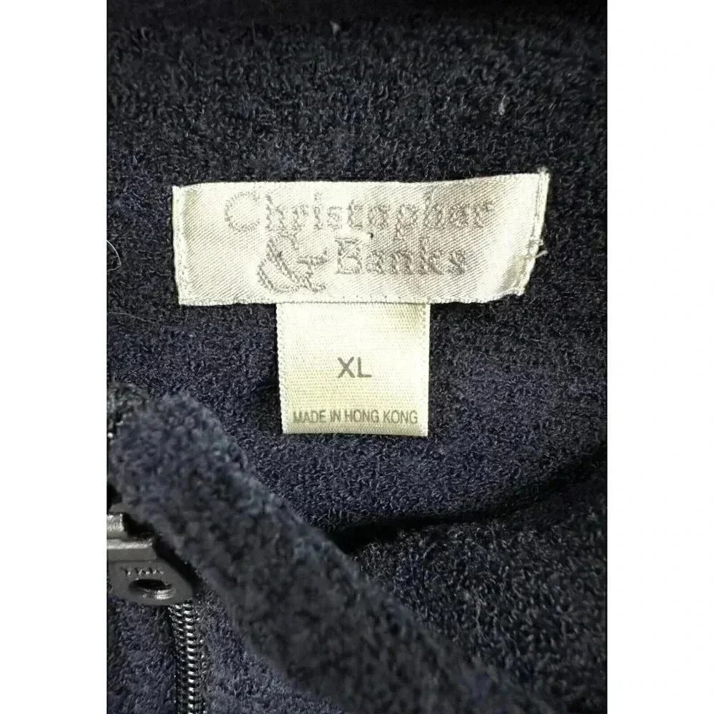 Christopher & Banks Navy Zip-Front Sweater with Red Stars & White Snowflakes